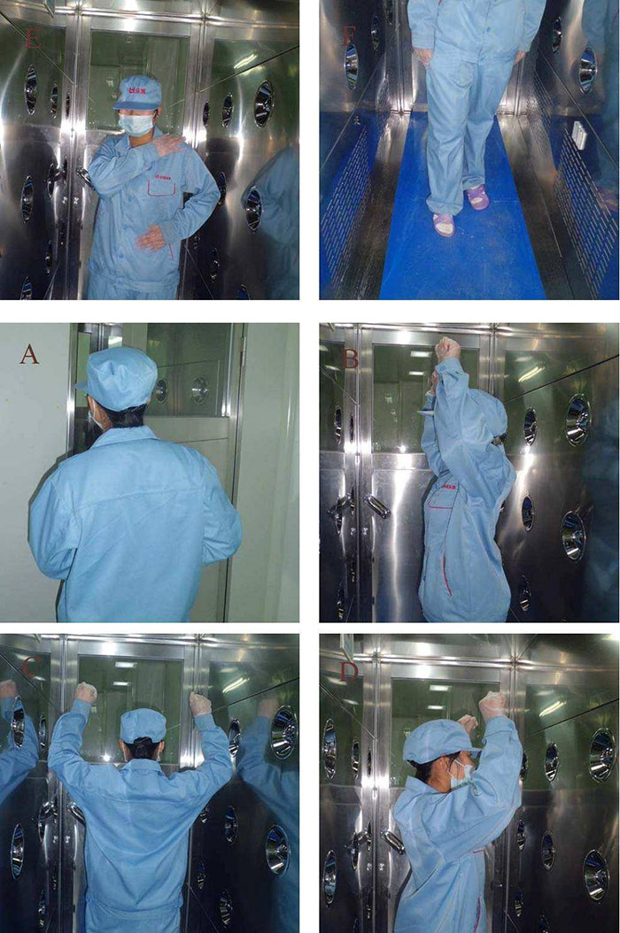 進(jìn)入風(fēng)淋室風(fēng)淋結(jié)束后，風(fēng)淋結(jié)束后應(yīng)及時(shí)脫下防護(hù)服和鞋帽，并按照規(guī)定進(jìn)行廢棄或清洗。